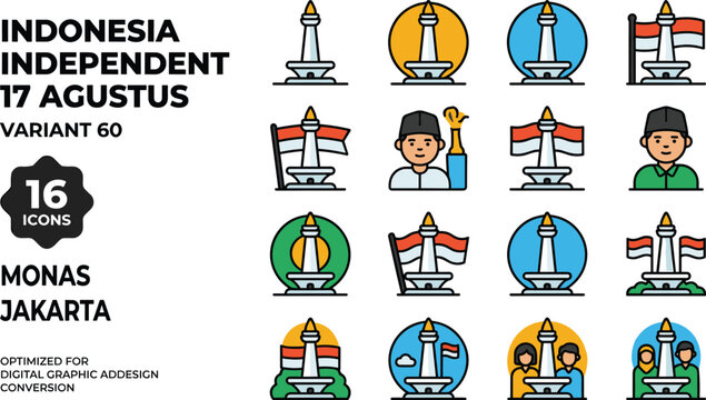 Indonesia Independence Day Celebration Icon Set Monas Jakarta