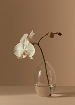 Single white orchid flower in a glass vase. the vase is round and transparent, with a narrow neck and a narrow base.