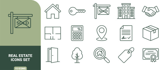 Fototapeta premium Real estate icon set featuring fifteen green outline symbols including house, key, sold sign, building, contract, and floor plan