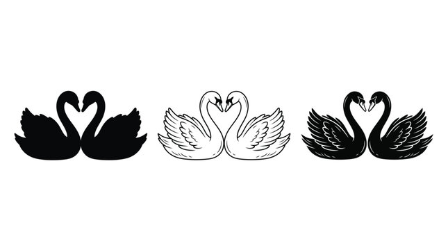 Graceful swan pairs forming heart shapes in minimalist black and white vector graphic art style