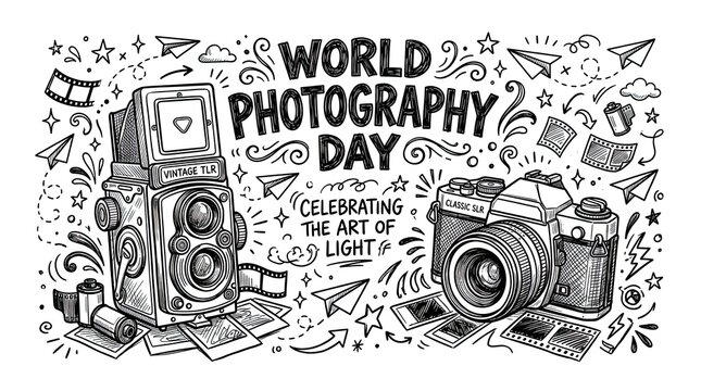 Hand drawn illustration for world photography day featuring vintage cameras and artistic doodle elements on white background