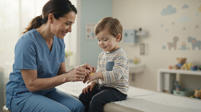 Smiling female nurse putting a yellow star sticker on a young boy. Pediatrician rewarding a brave child after a medical checkup in a clinic. Positive healthcare interaction concept