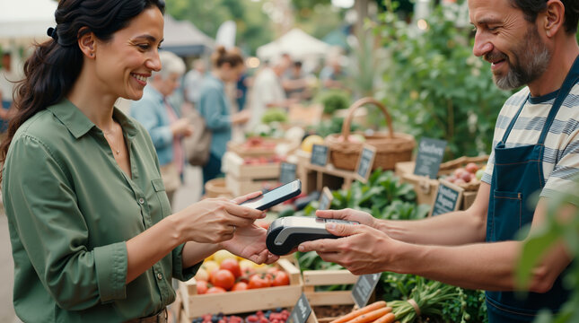 Smiling woman making contactless payment with smartphone at farmers market. Male vendor holding pos terminal at outdoor fresh produce stall. Local business and digital transaction concept