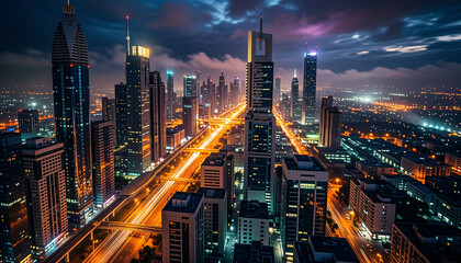 Obraz premium Nighttime urban skyline with illuminated skyscrapers and vibrant traffic trails