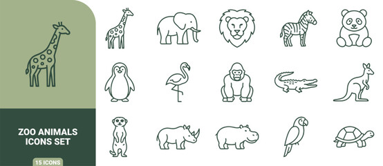 Obraz premium Zoo animals icons set with outline style of giraffe, elephant, lion, zebra, panda and more wildlife