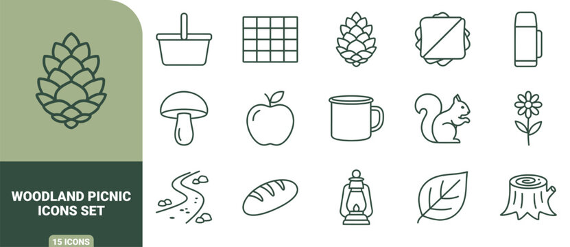 Woodland picnic icons set featuring outline of forest food, and camping gear in green