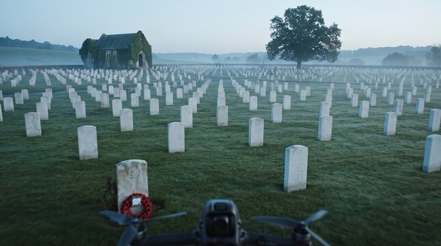 A drone's first-person view hovers over a misty military cemetery, with a red targeting reticle highlighting a white headstone in the foreground.
