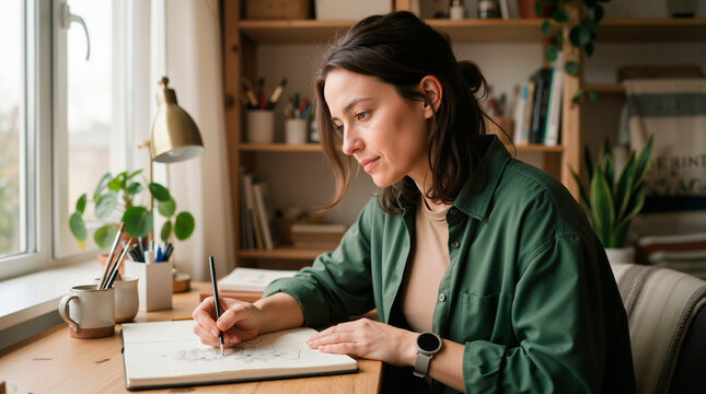 Young woman drawing in a sketchbook at a desk. Creative artist working in a home studio with natural light