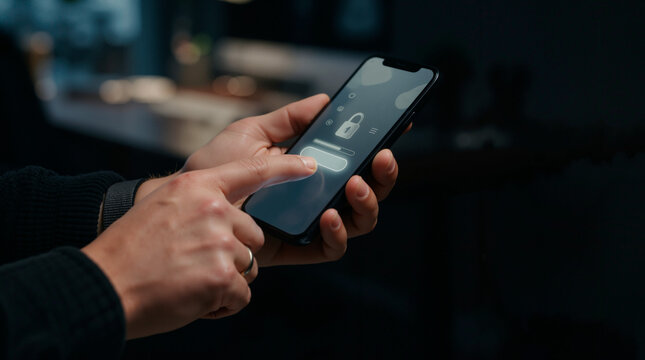 Person unlocking smartphone with secure login interface. Digital security and mobile privacy concept