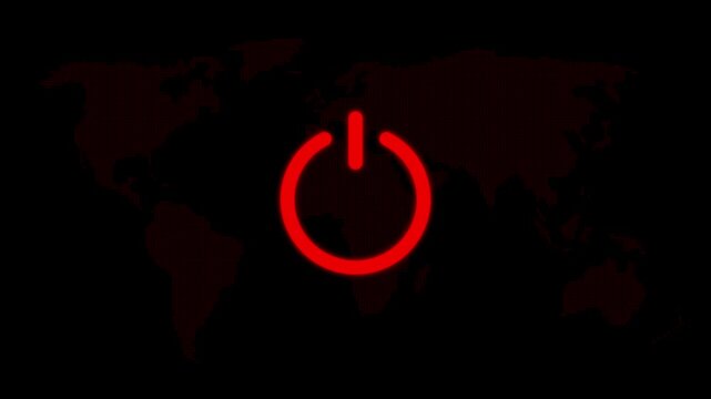 A glowing red power button centered over a dark digital map background representing global technology and energy management concepts