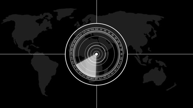 White radar screen interface with a circular scanner overlaying a dark map representing global tracking and surveillance technology concepts