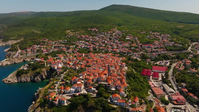 Aerial view of dense city center and narrow streets in Vrbnik Croatia