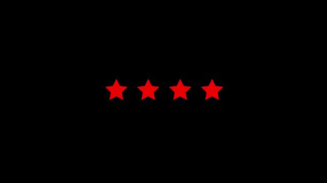 Four bright red stars arranged in a horizontal row against a solid black background representing a four star rating or a positive evaluation score