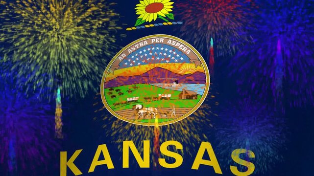 Kansas State Flag With Sunflower and Official Seal Depicting Pioneer Life and Motto Ad Astra Per Aspera