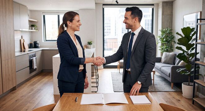 Real estate agent and client shaking hands inside a modern apartment after signing a contract. Successful deal, property purchase, rental agreement and housing business concept.