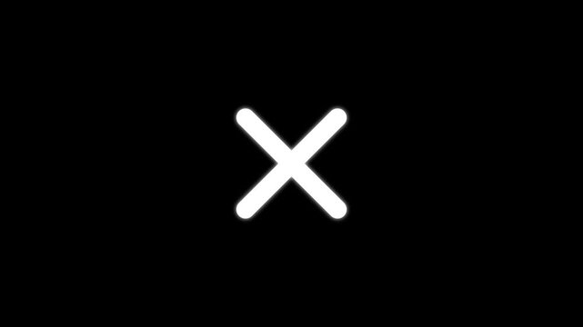 Bright white cross symbol with rounded ends centered on a solid black background for user interface and error notification alerts