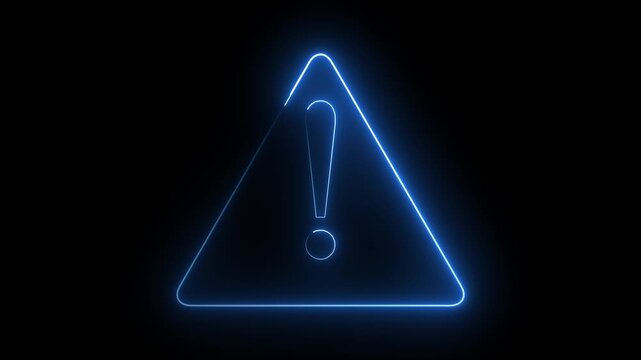 Glowing blue neon warning triangle animation on black background, futuristic caution danger alert sign, cyber glowing exclamation mark icon, hazard attention notice UI UX motion graphic video effect.