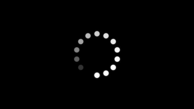 Circular loading spinner made of small white dots on a solid black background for digital interface progress and buffering status