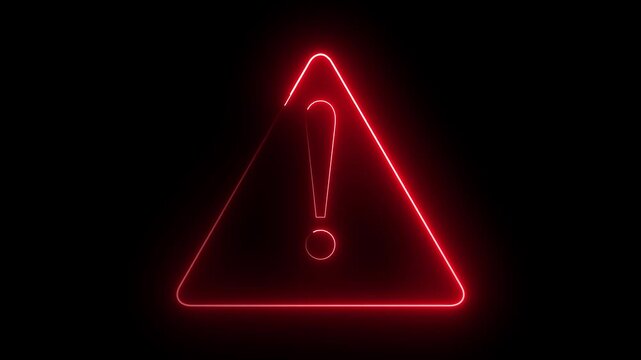 Glowing red neon warning triangle animation on black background, futuristic caution danger alert sign, cyber glowing exclamation mark icon, hazard attention notice UI UX motion graphic video effect.