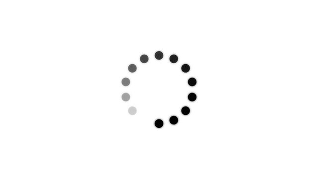 Circular loading spinner made of small black dots on a solid white background for digital interface progress and buffering status