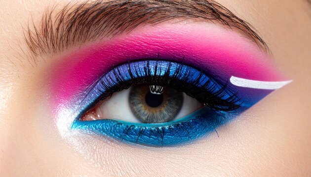Macro portrait of eye with neon pink and blue makeup