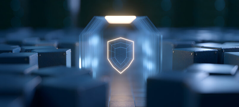 Cloud migration security featuring server restrictions and a bright security shield tunnel