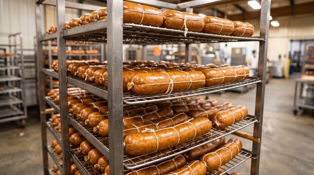 Numerous raw sausages are neatly arranged on metal racks inside a clean, modern food processing facility. 