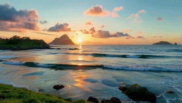 Striking 4K environmental landscape of Sea near during sunset with deep purple and orange twilight colors reflecting across vast wet tidal mudflats