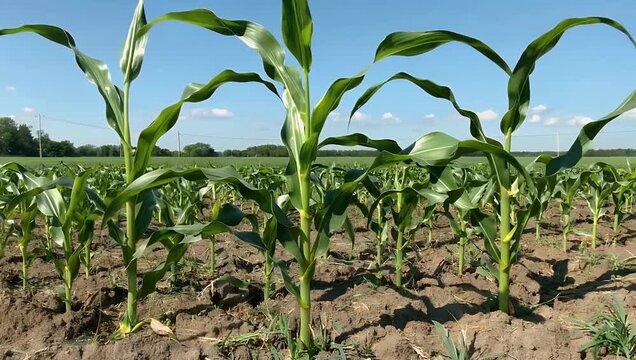 Vibrant 4K agricultural video capturing neat even rows of bright green young corn sprouts growing in a vast sun drenched monoculture field during a warm spring day