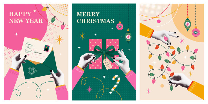 Retro Christmas and New Year Greeting Card Collection with Bow on Gift Box and Holiday Postcard Halftone Hands Decorating Christmas Tree with Festive Light Decoration Vector Illustration