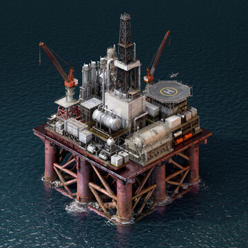 Offshore oil and gas platform with drilling derrick, cranes and helipad standing on steel legs in open sea, 3D illustration