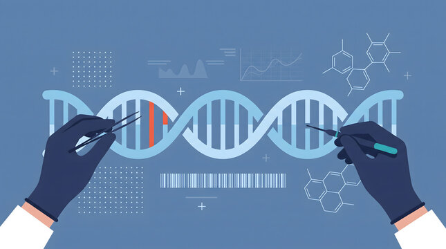 Illustrated hand use tweezer and pen to carefully edit strand of dna helix scene view photo