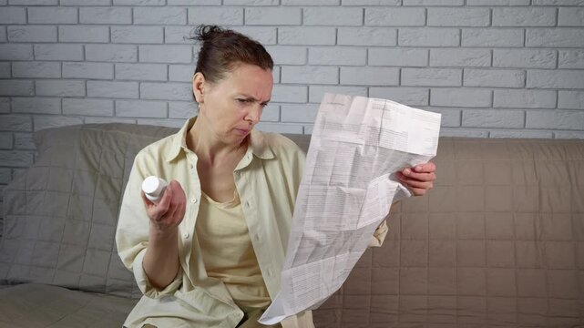 Concerned woman reading medication instructions and side effects. Middle-aged woman sitting on a sofa carefully reading the prescription leaflet from a pill bottle, showing concern