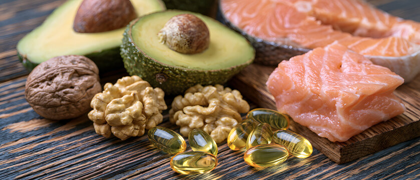 Healthy fats were collected, featuring avocados, salmon, walnuts, and omega-3 capsules laid out on a wooden surface