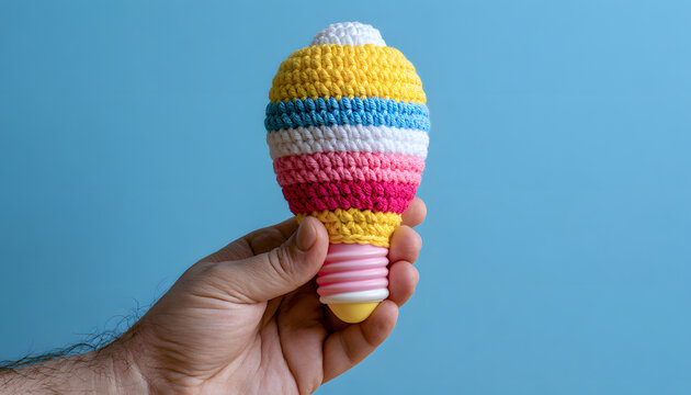 Crocheted light bulbs provide hand-holds featuring pansexual flags on a blue backdrop. They symbolize ideas, creativity, LGBTQ support, and inspire change.