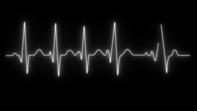 Glowing ekg heartbeat monitor line loop, medical pulse wave animation on black background