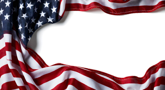 A patriotic frame featuring the waving stars and stripes of the American flag, bordered with fabric, suitable for Memorial Day and Independence Day celebrations