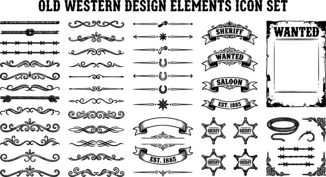 Old Western Design Elements Icon Set Embellishment Borders Divider Lines Scroll Ornate Flourish Wanted Poster Frame Banner Ribbon Rope Border Sheriff Star Barbed Wire Vector	