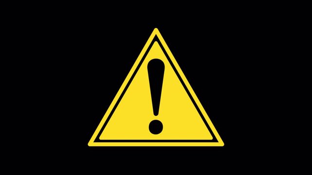 Animation of a flashing yellow symbol or sign "Attention", "Important", "Warning", "Malfunction", "Caution" with an exclamation mark in the middle on a transparent background.