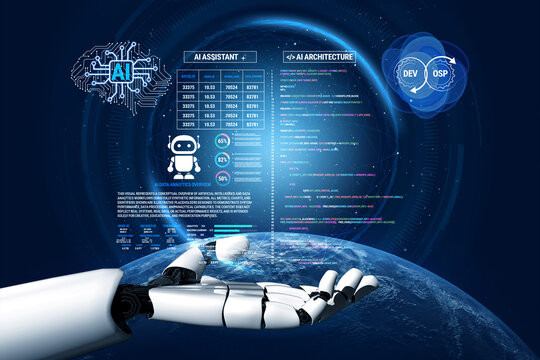 Futuristic AI Assistant Interface Showcasing Data and Code on a Global Background with Robotic Hand Representing Technology and Innovation Fluxor.