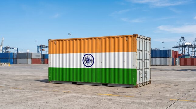 A shipping container with the Indian flag stands at a bustling port facility. This image effectively represents international trade, global logistics, and import/export concepts.