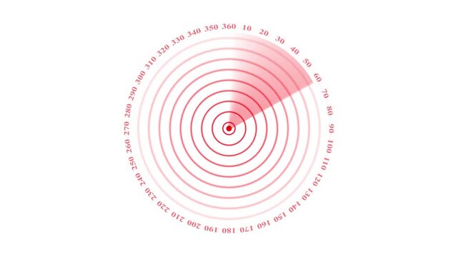 Rotating radar scanner interface, red circular sonar screen animation on white background