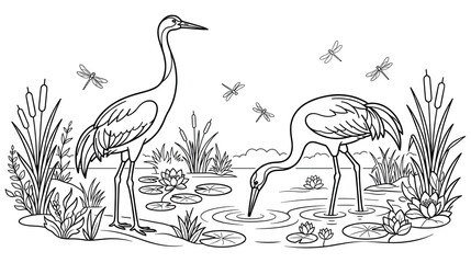 Obraz premium Cranes in wetland habitat with dragonflies line art drawing.