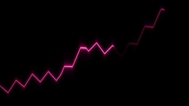 Neon pink glowing zigzag line graph rising on black background, for financial growth, and data analysis