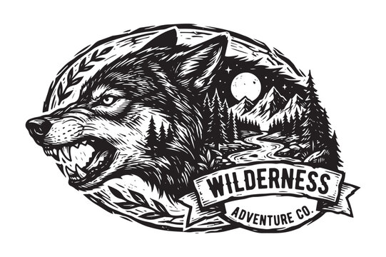 Wild wolf head wilderness adventure logo engraving illustration with wilderness