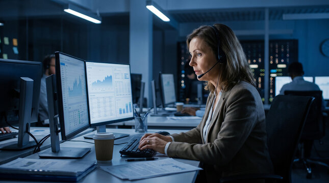 This beautiful and highly detailed stock photograph captures a dedicated night shift call center agent wearing a headset while working under moody blue lights right here.