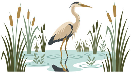 Great egret wading in pond with reflection and plants. © NAZMA