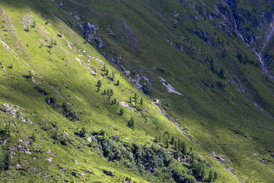 Idyllisches Alpental mit Bergbach und gr&uuml;nen Bergh&auml;ngen