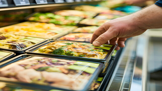 When it comes to grocery shopping for ready meals, a person's grasp falls upon a prepackaged dish from a refrigerated case at a supermarket, highlighting convenient food choices.