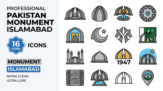 Set of Professional Pakistan Monument Islamabad Icons Including 1947 Monument Landmark